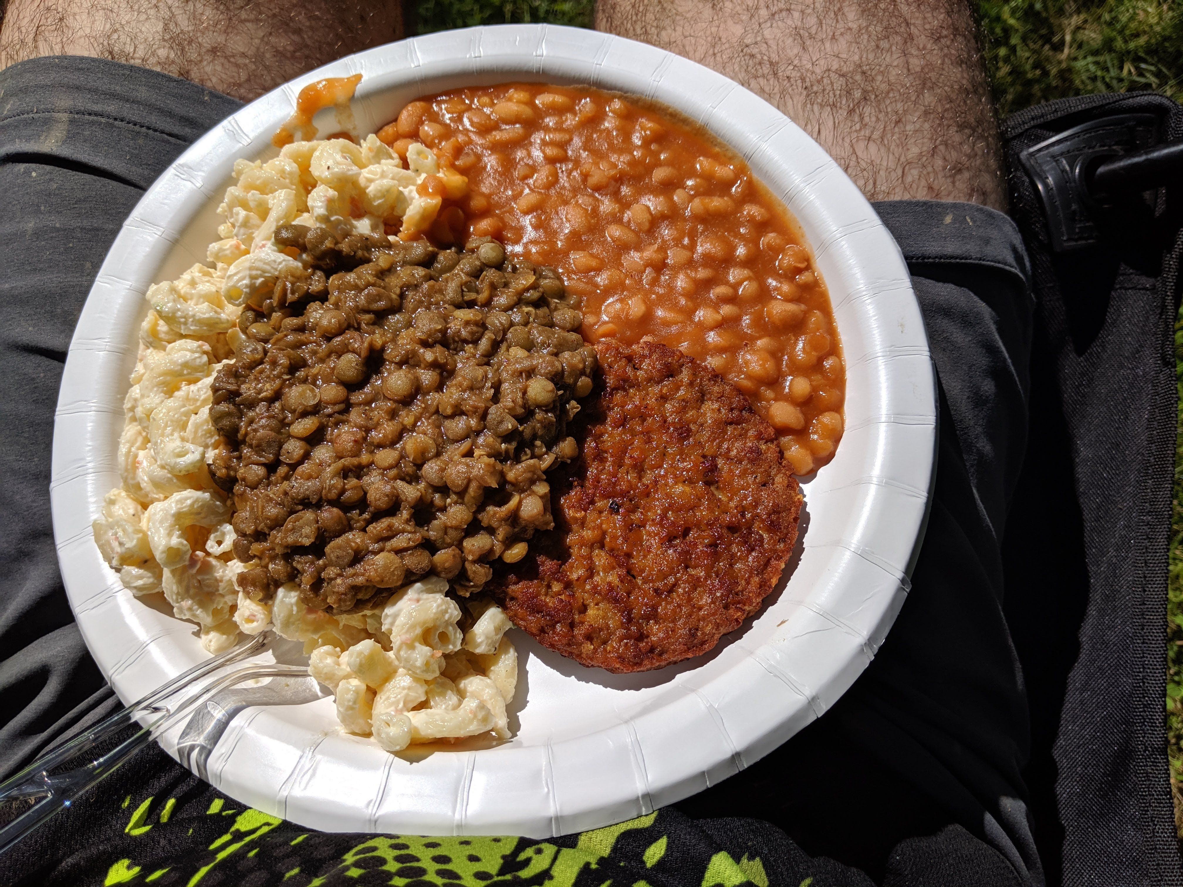 Vegetarian garbage plate - lentils, macaroni salad, baked beans, veggie burger