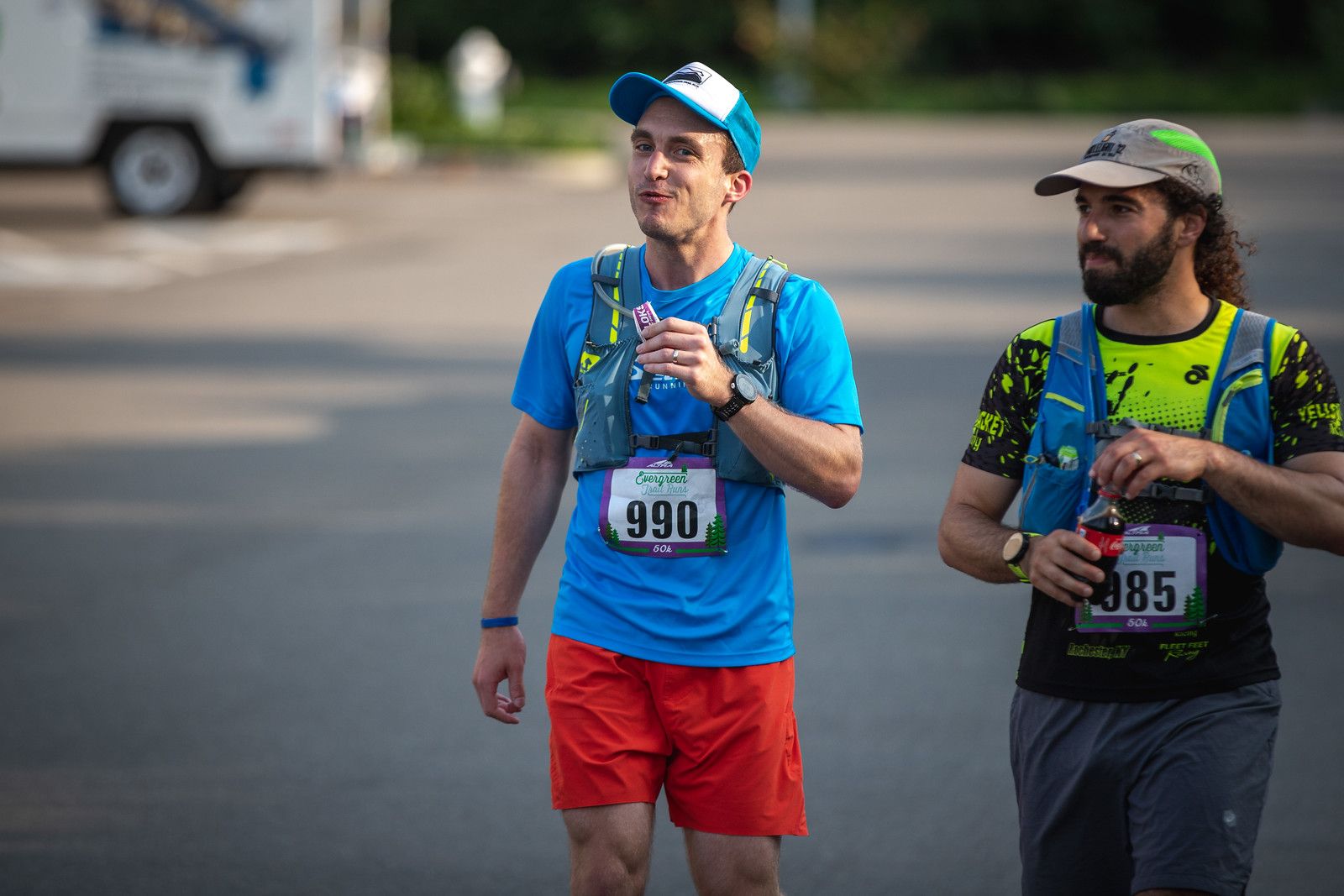 Bobby and I eating snacks and walking through the starting line parking lot