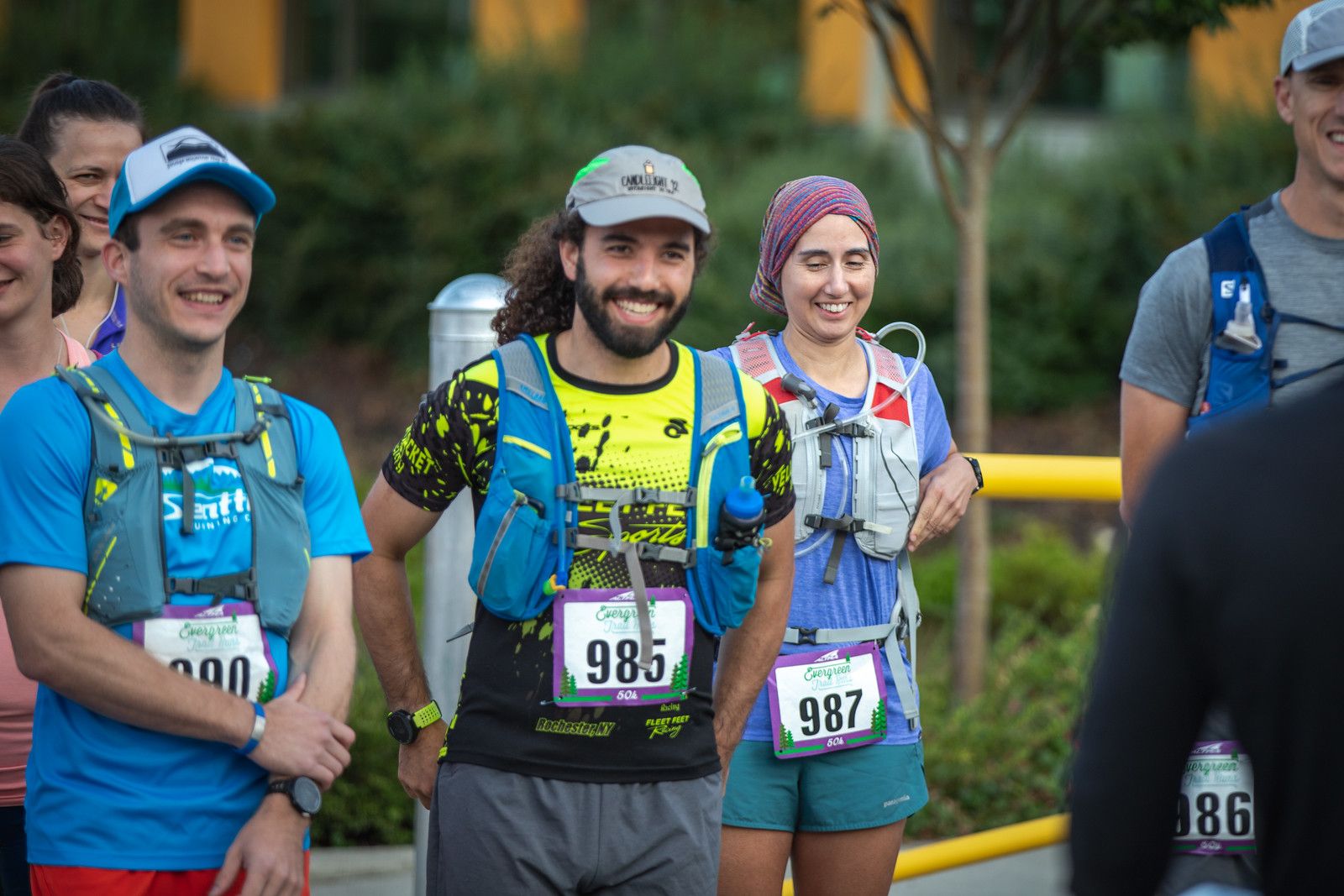 Photo of me and Bobby amongst the other 50k and marathon participants at the starting line