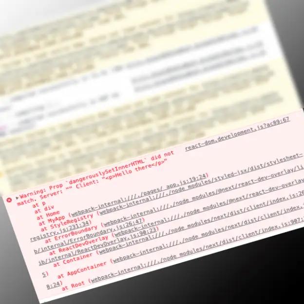 A screenshot of browser DevTools with a React hydration mismatch error